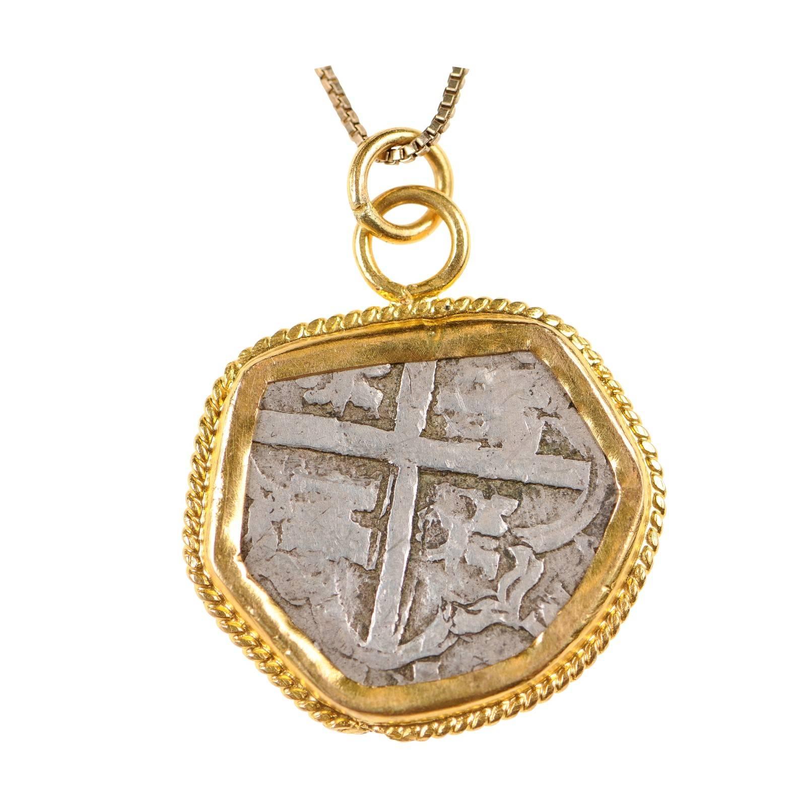 Spanish Silver Cob Coin circa 1500s Set in Rope Accented 22 Karat Gold Bezel For Sale