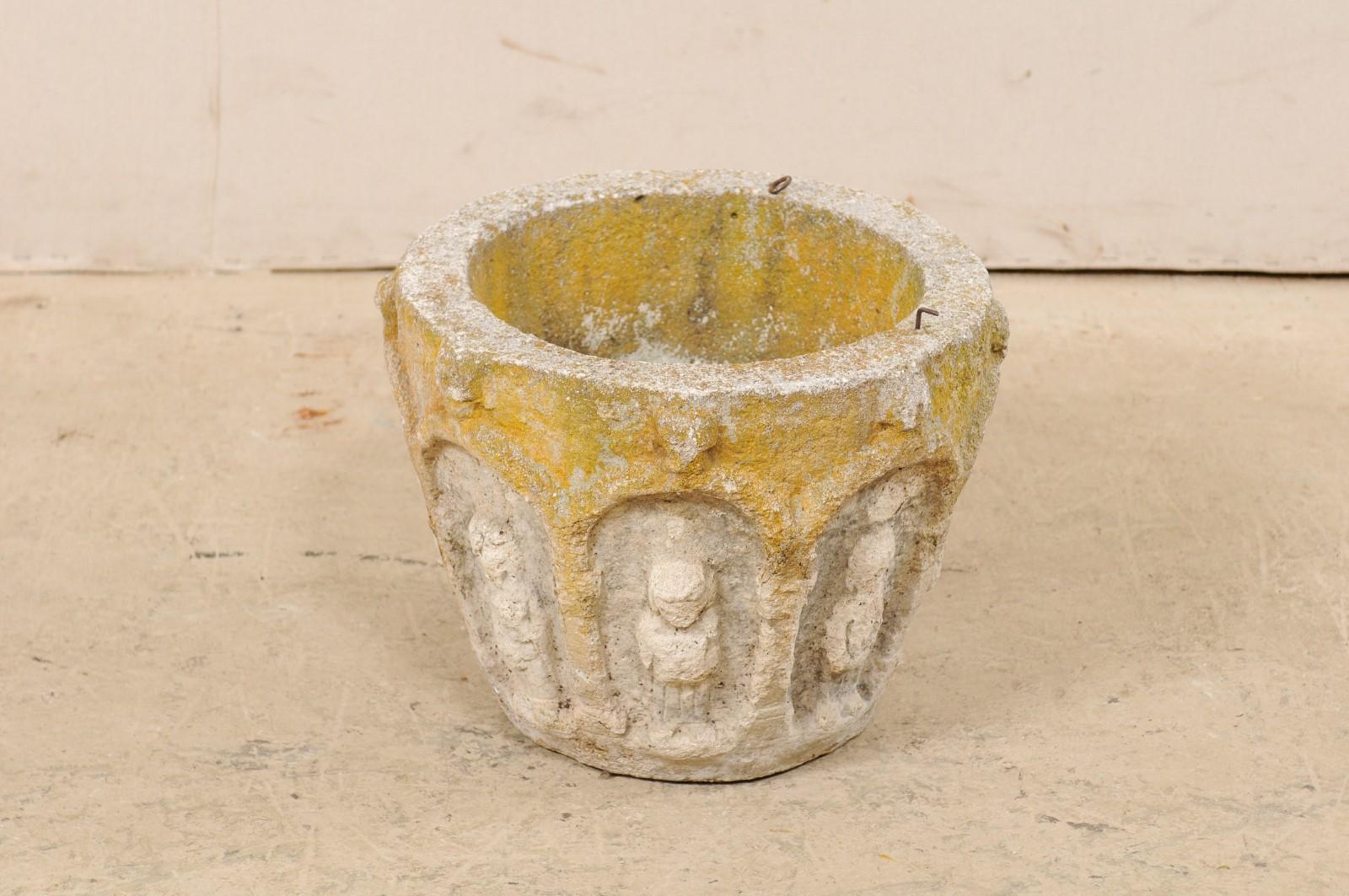 Spanish Stone Planter Adorned with Figures and Archways, Early 20th Century 3