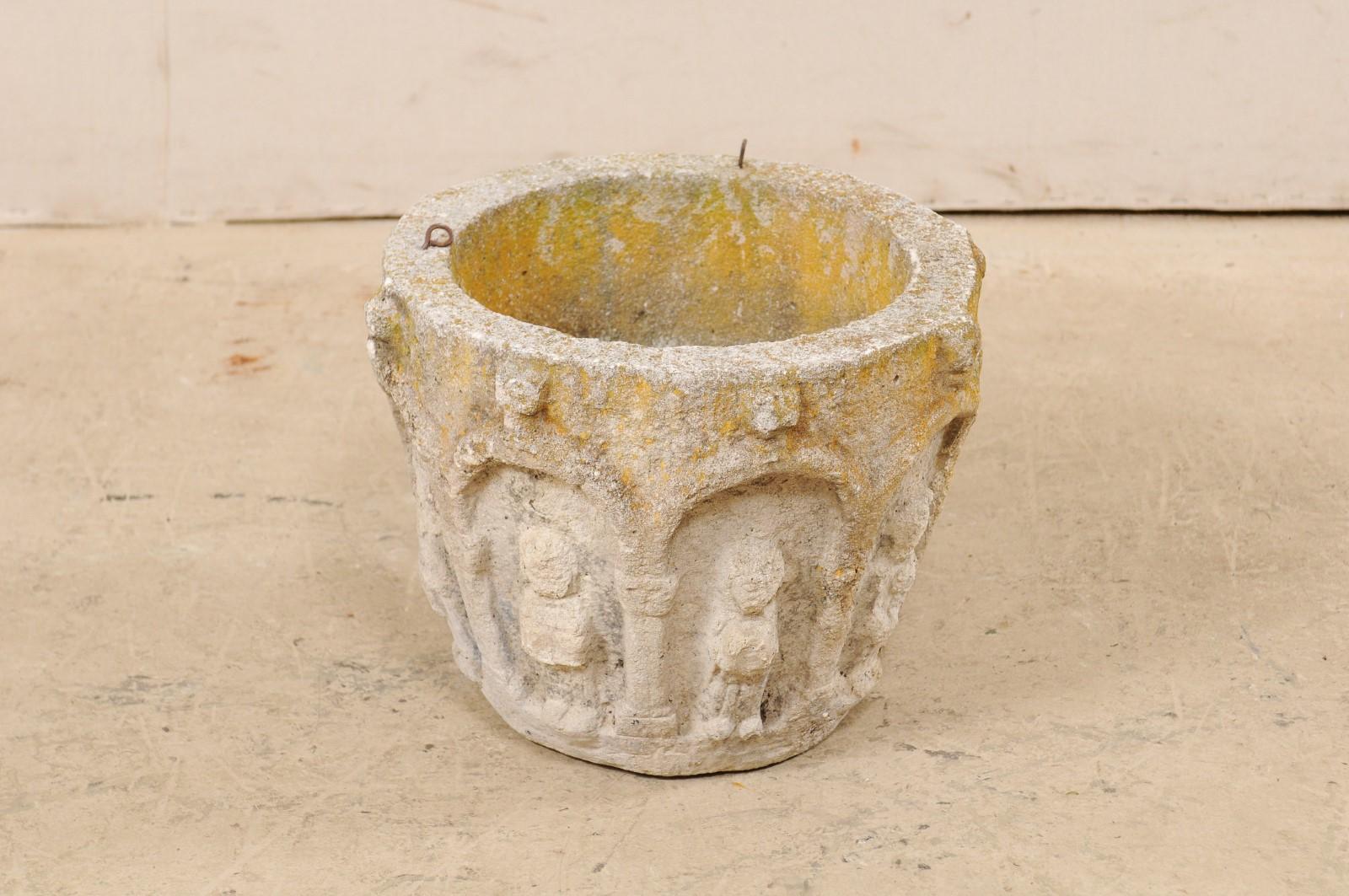 Spanish Stone Planter Adorned with Figures and Archways, Early 20th Century 4