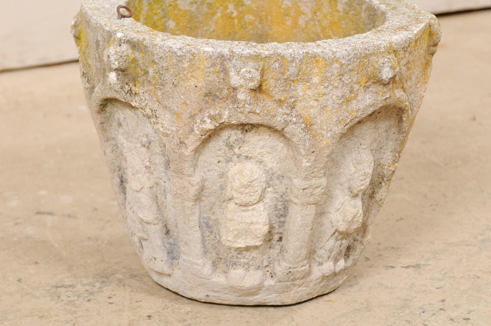 Spanish Stone Planter Adorned with Figures and Archways, Early 20th Century 5