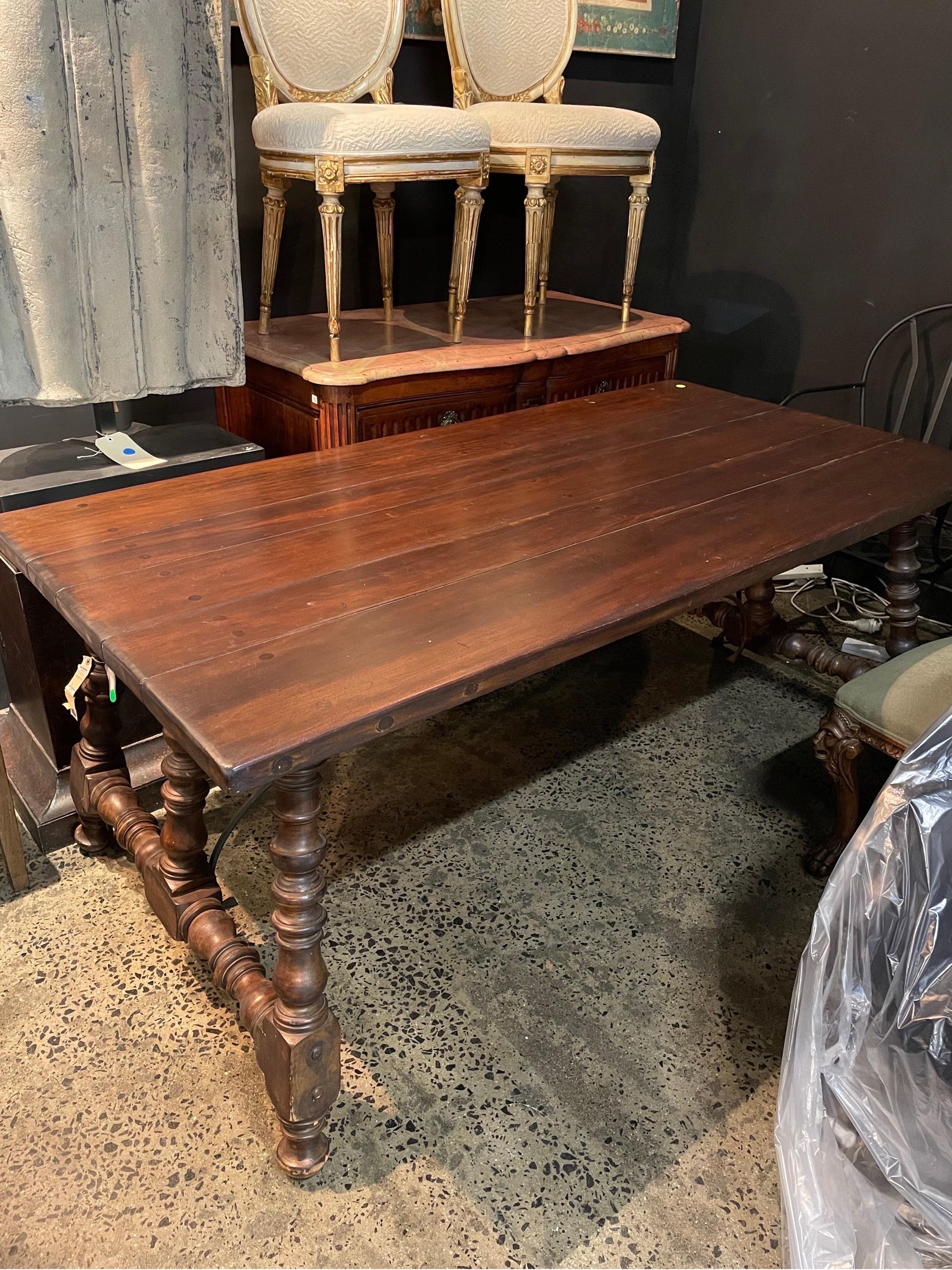 A Spanish Style Stained-Fruitwood Trestle Table, 20th Century

The rectangular top on block and ring-turned legs with wrought iron stretcher.

Provenance: Private American Collection, Christie's New York, 2015.

Dimension: Height: 75.5 cm Width:
