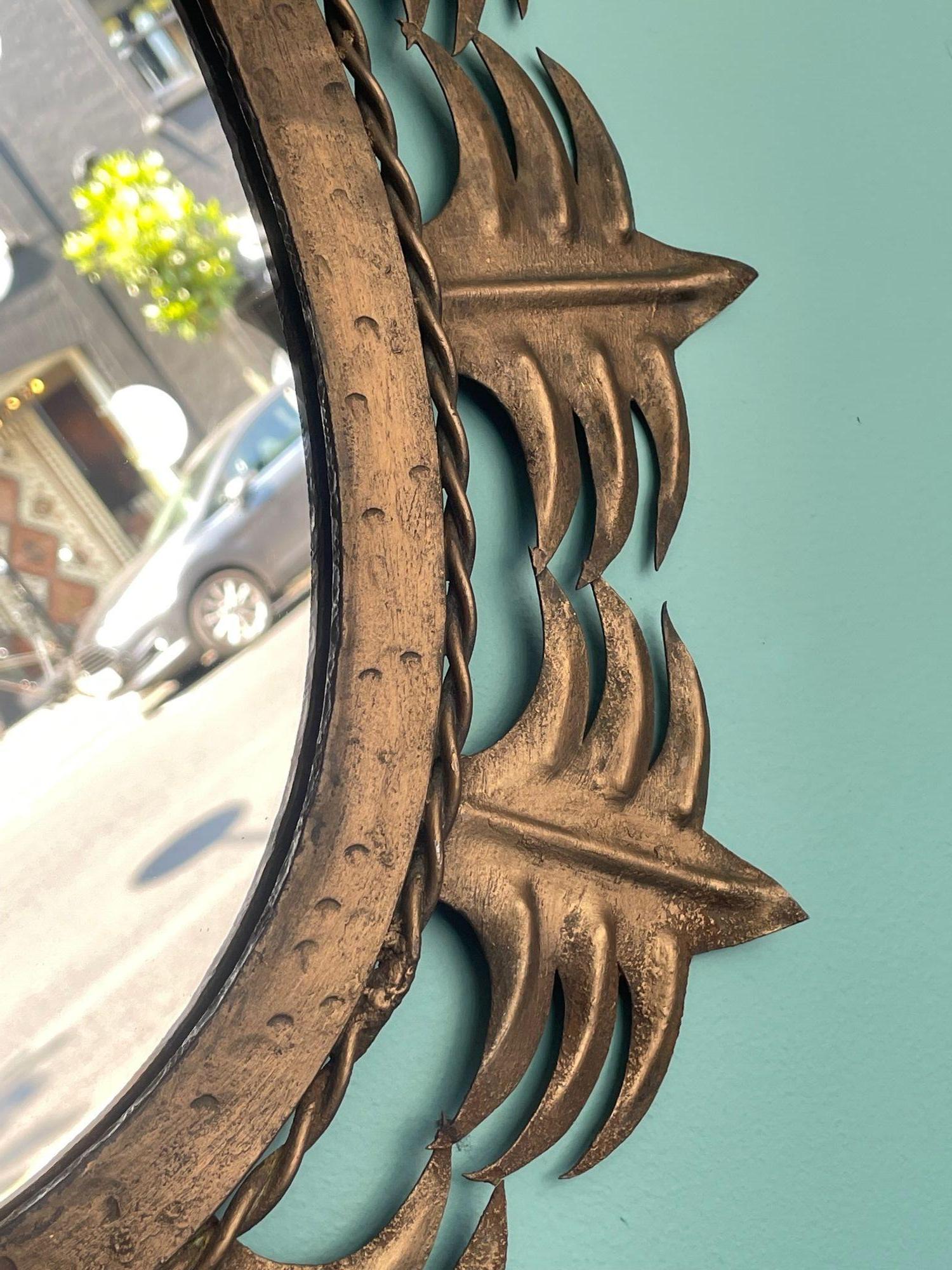 Spanish Sunburst 1950s Gilt Metal Oval Mirror with Ornate Edging For Sale 6