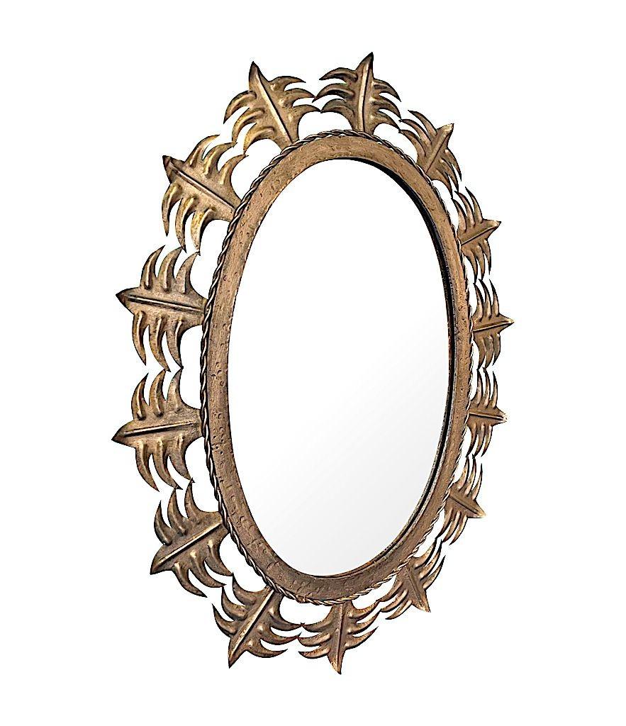 Spanish Sunburst 1950s Gilt Metal Oval Mirror with Ornate Edging In Good Condition For Sale In London, GB