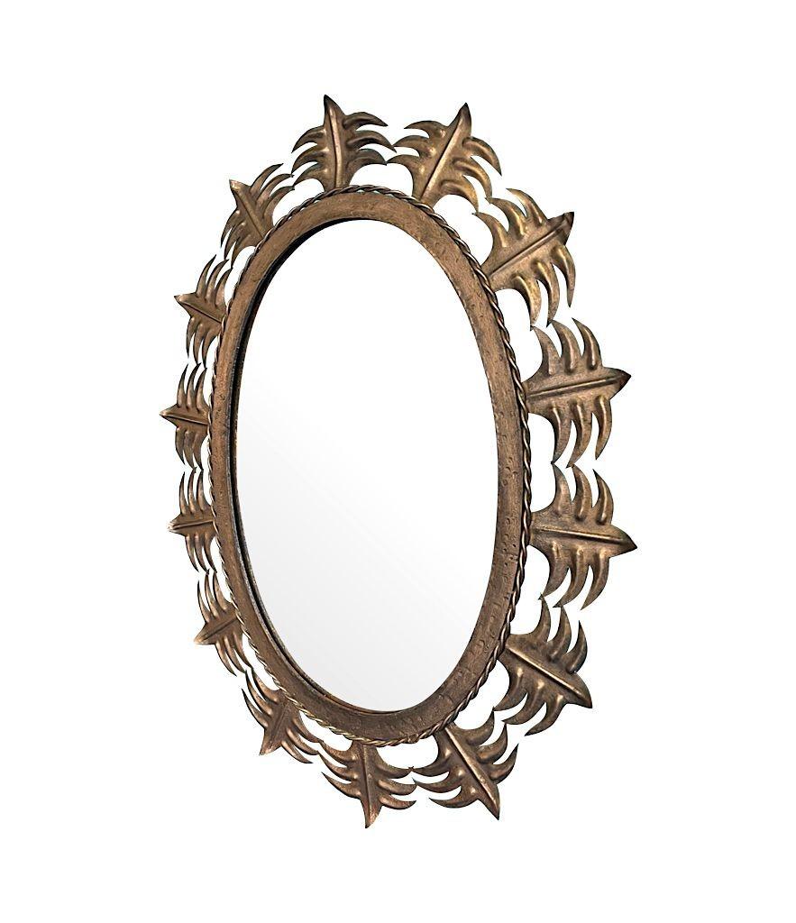 Spanish Sunburst 1950s Gilt Metal Oval Mirror with Ornate Edging For Sale 2