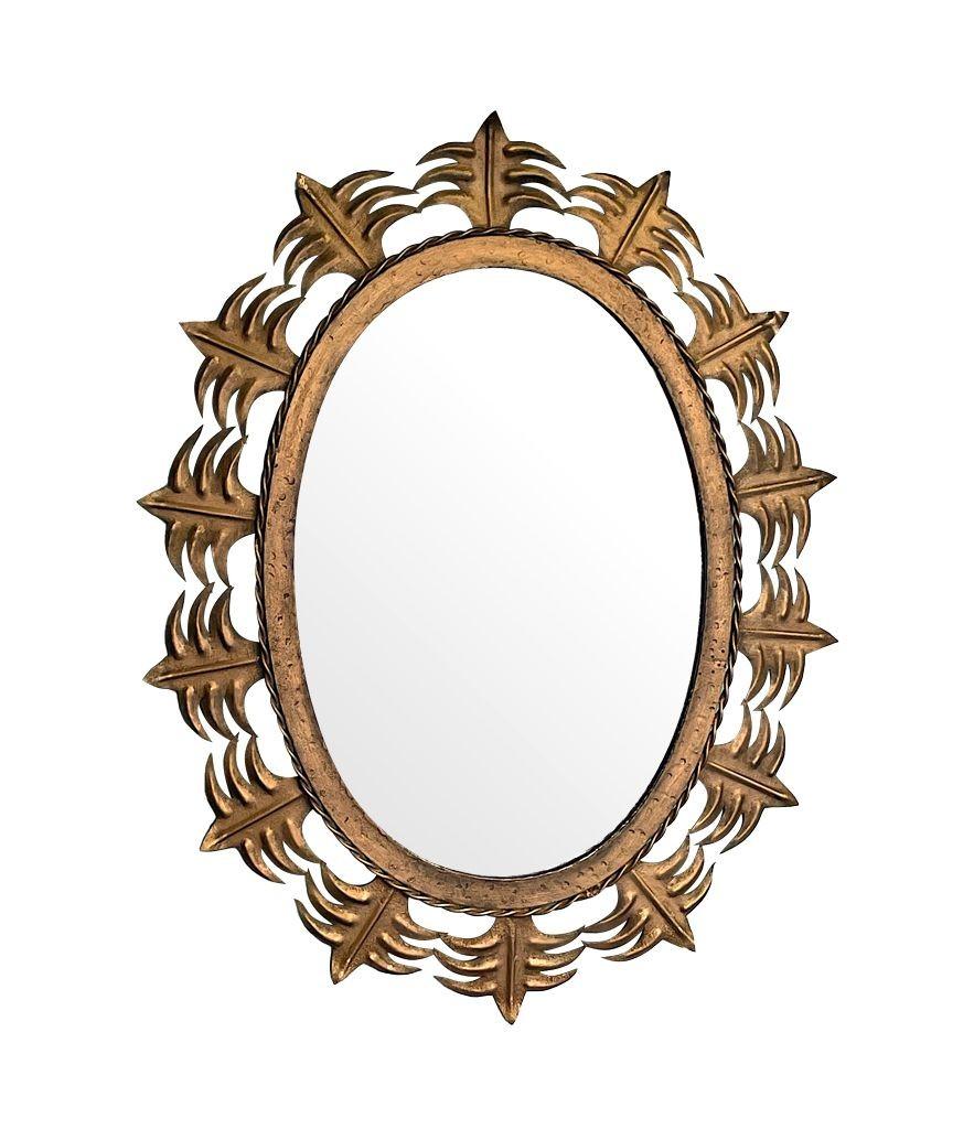 Spanish Sunburst 1950s Gilt Metal Oval Mirror with Ornate Edging For Sale 4