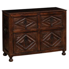 Antique Spanish Thickly-Carved Diamond-Panel Four-Drawer Chest from the 18th Century