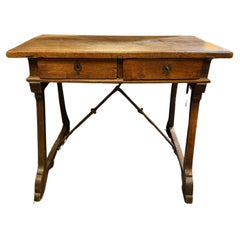 A Spanish Walnut Churesque Base 2 Drawer Table with Iron Stretcher, 18th Century