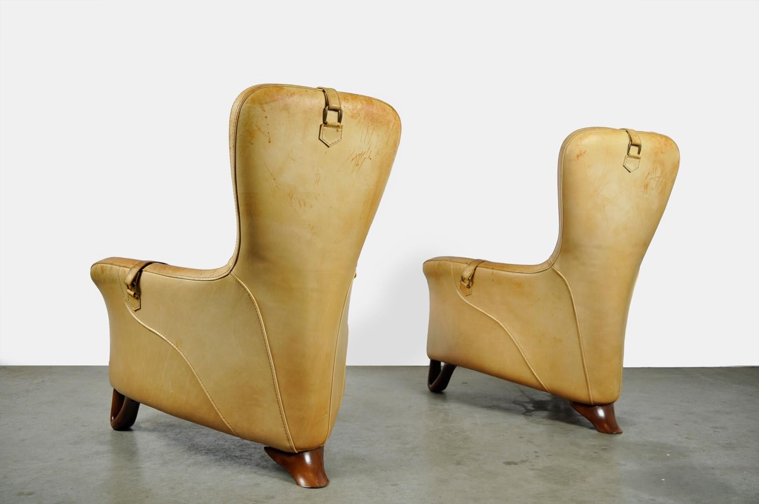 Art Deco Special Pair of Sculptural Lounge Armchairs with Footstool, 20th Century