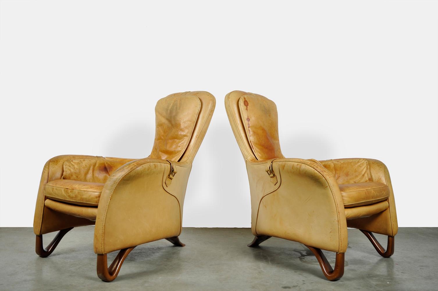 European Special Pair of Sculptural Lounge Armchairs with Footstool, 20th Century