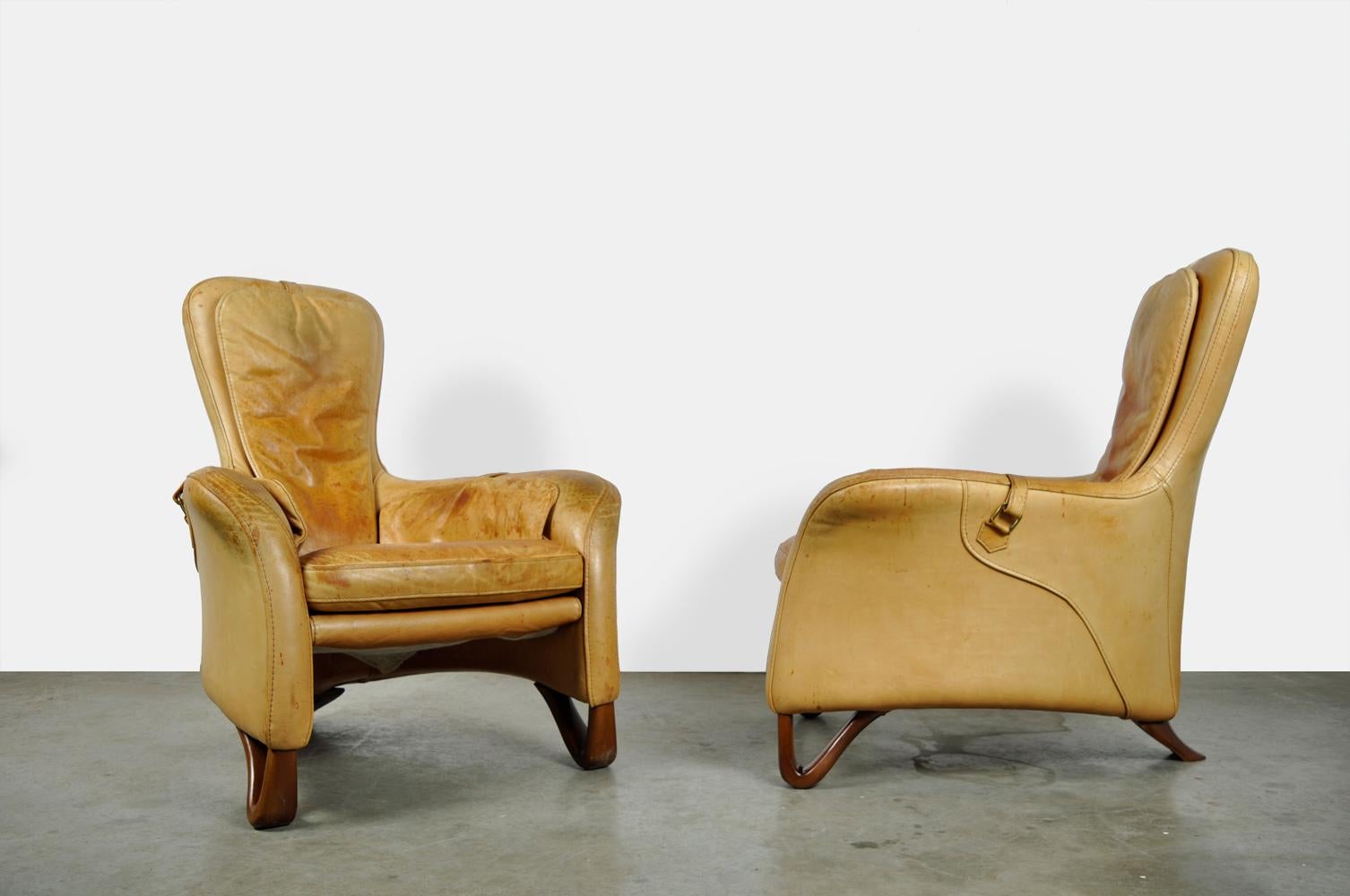 Special Pair of Sculptural Lounge Armchairs with Footstool, 20th Century 2