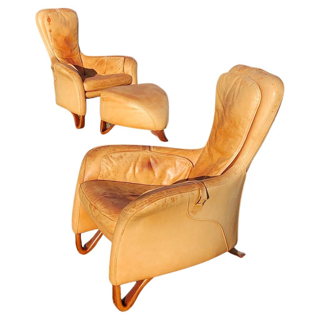 Special Pair of Sculptural Lounge Armchairs with Footstool, 20th Century