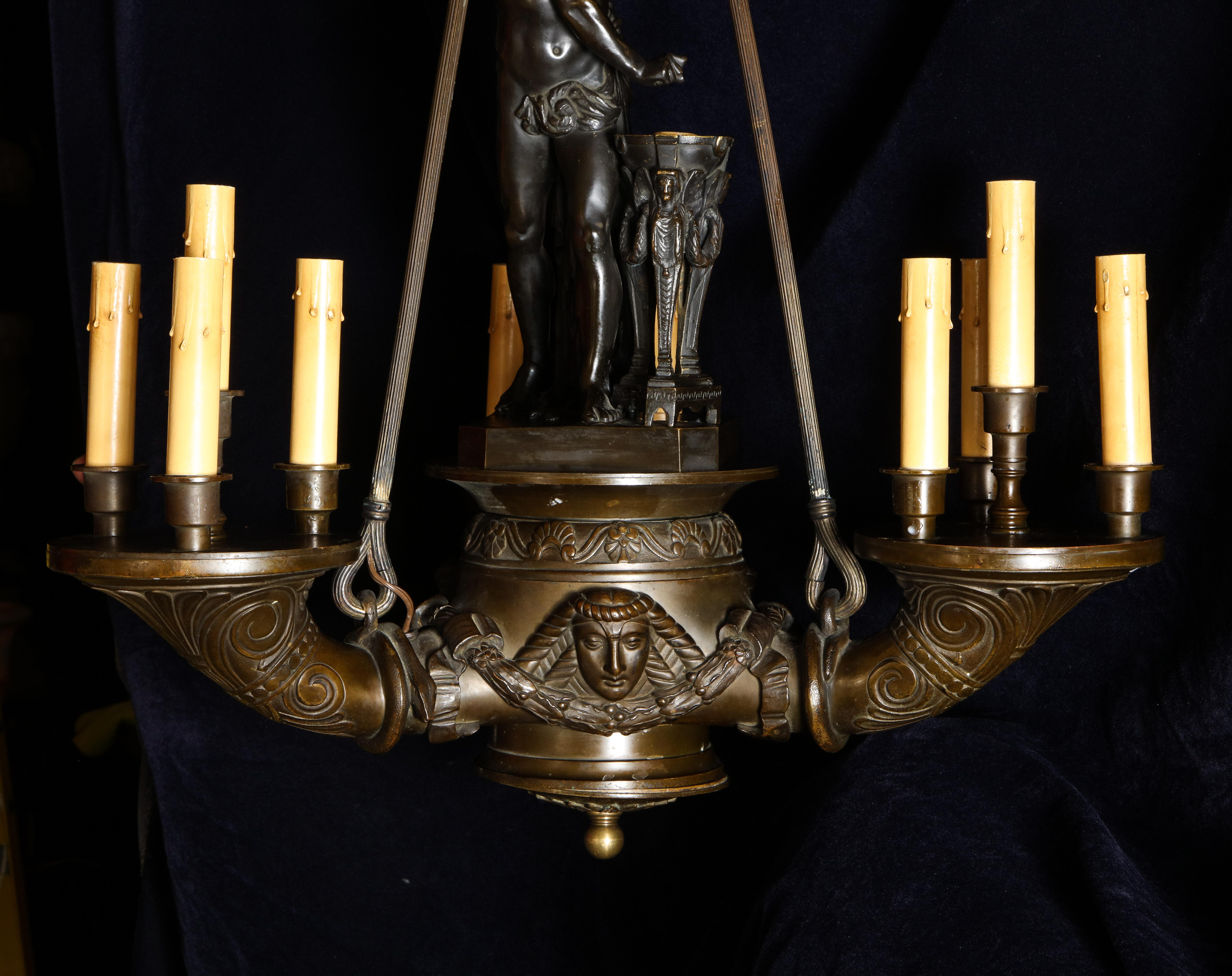 Spektakulärer antiker italienischer neoklassizistischer figuraler Kronleuchter aus patinierter Bronze (Patiniert) im Angebot