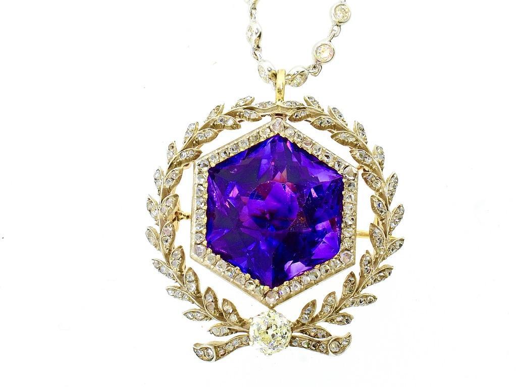 A Spectacular Large Siberian Amethyst and Diamond Pendant/Brooch, c. 1860 For Sale 3
