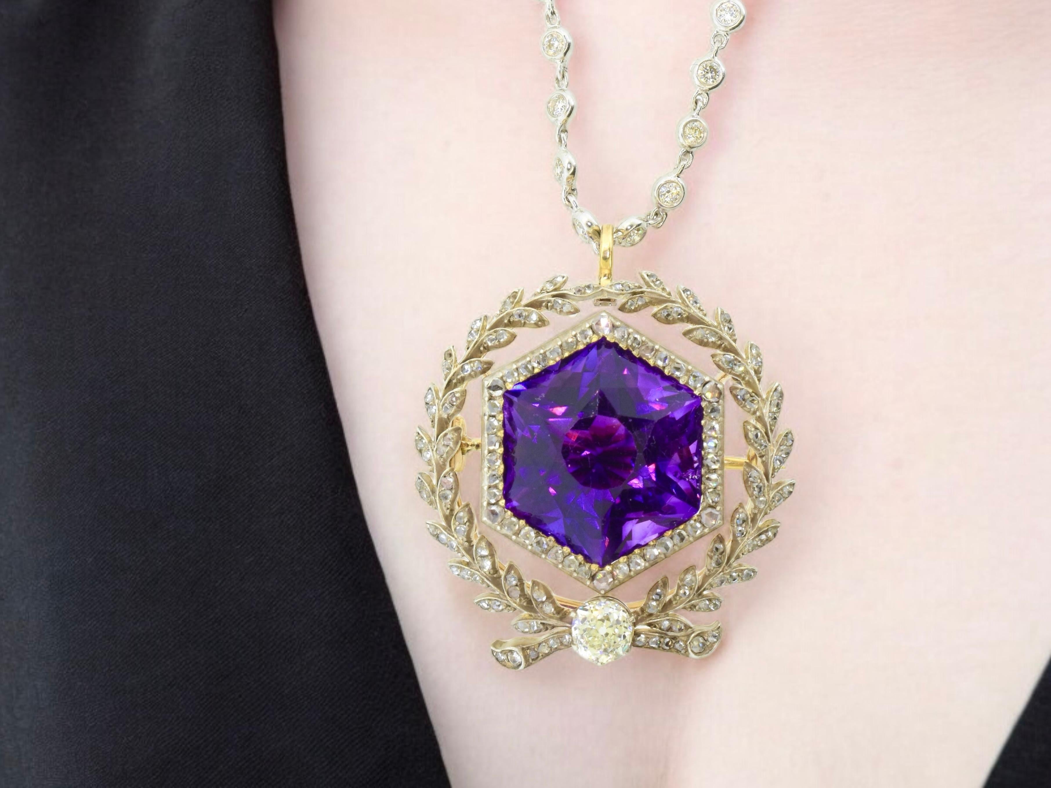 Octagon Cut A Spectacular Large Siberian Amethyst and Diamond Pendant/Brooch, c. 1860