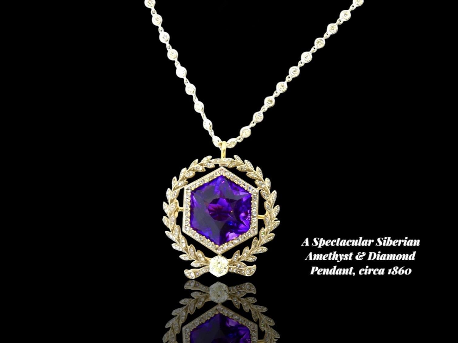 Women's or Men's A Spectacular Large Siberian Amethyst and Diamond Pendant/Brooch, c. 1860