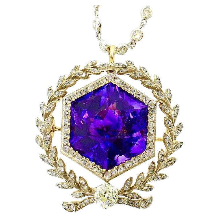 Victorian A Spectacular Large Siberian Amethyst and Diamond Pendant/Brooch, c. 1860