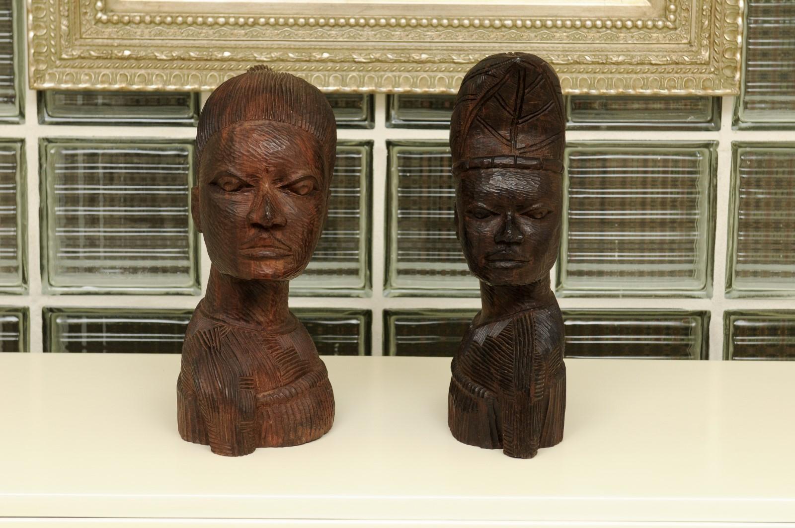 Spectacular Pair of Hand Carved Mahogany Tribal Busts, circa 1930 5