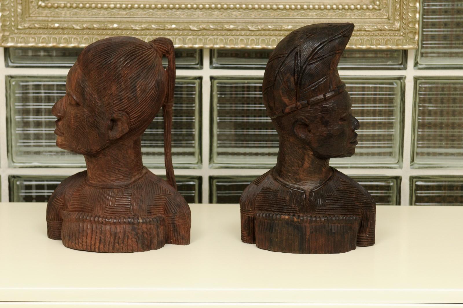 Spectacular Pair of Hand Carved Mahogany Tribal Busts, circa 1930 6