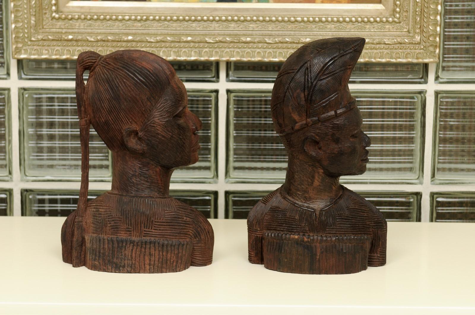Spectacular Pair of Hand Carved Mahogany Tribal Busts, circa 1930 7
