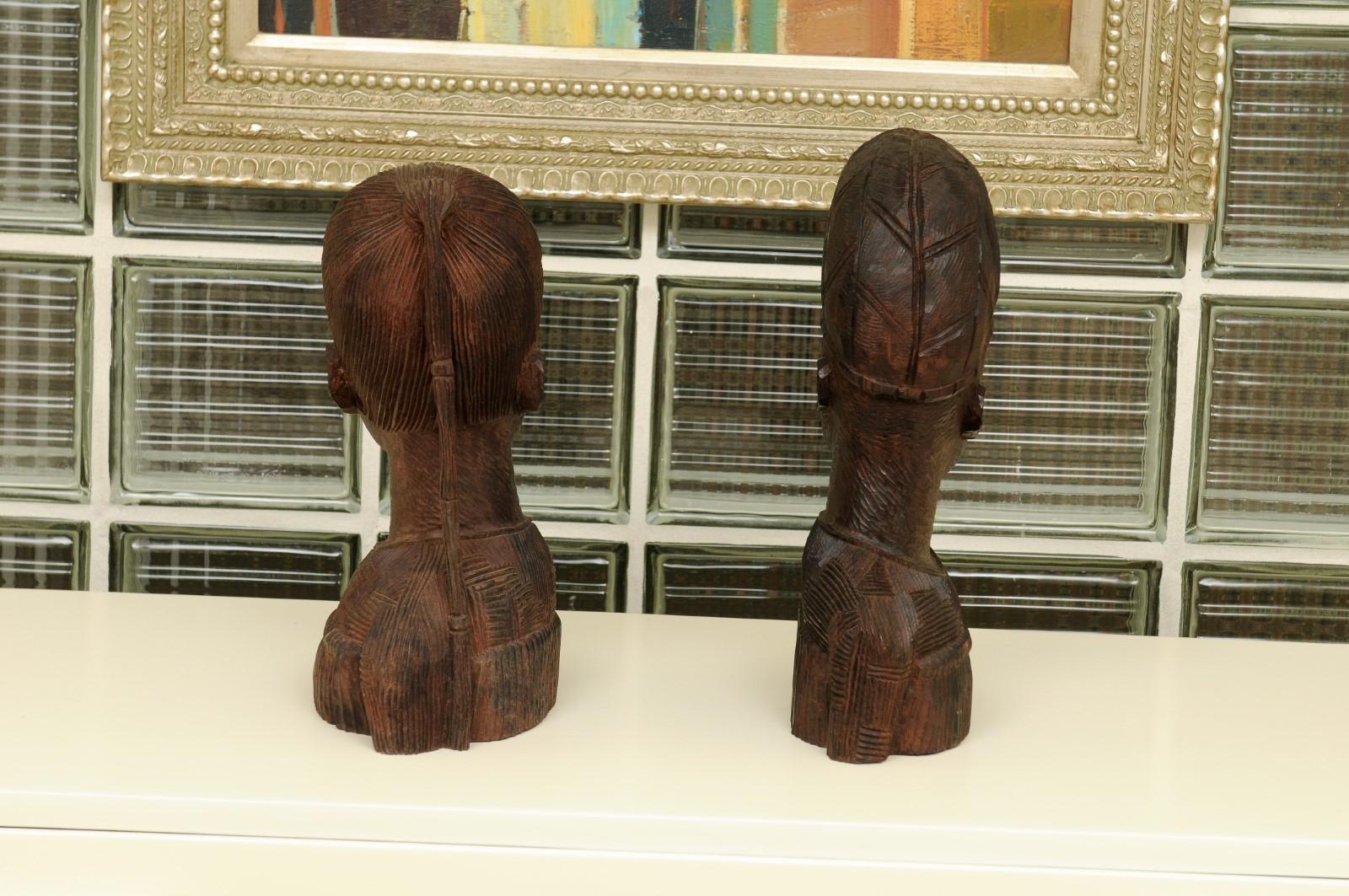 Spectacular Pair of Hand Carved Mahogany Tribal Busts, circa 1930 8