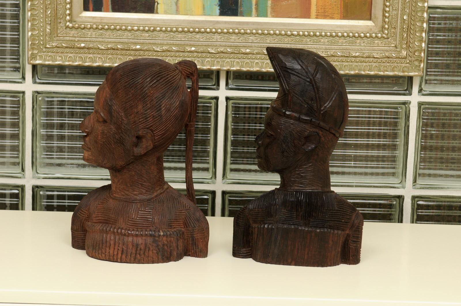 Spectacular Pair of Hand Carved Mahogany Tribal Busts, circa 1930 11