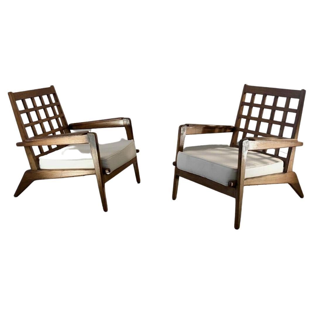 2 MODERNIST Oak ARMCHAIRS in RENE GABRIEL & PIERRE GUARICHE Style, France 1950 For Sale