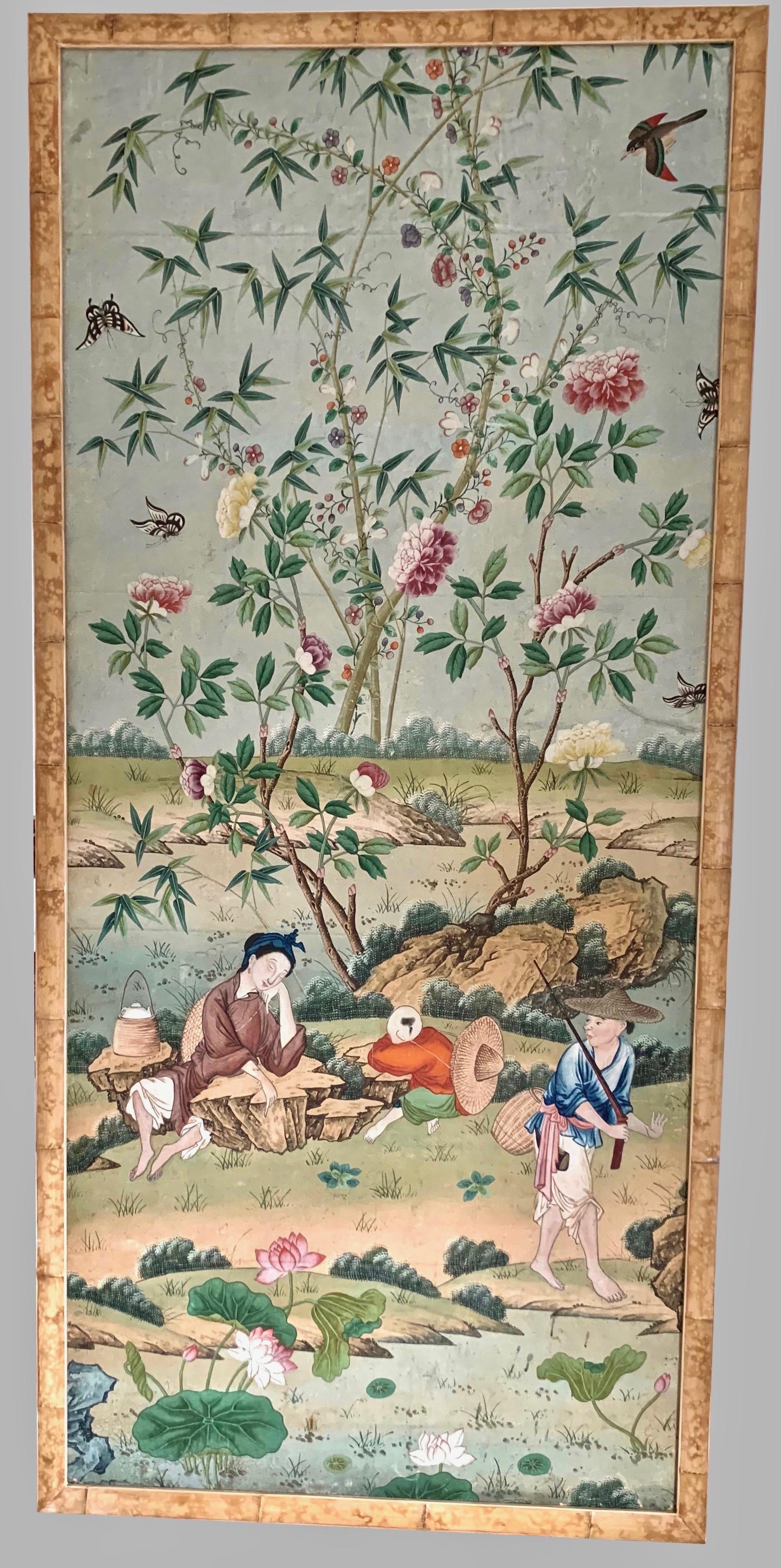 A rare set of four Chinese wallpaper panels, each with a pale mint-green ground and expansive hand-painted landscapes with figures; the upper registers depicting sinuous bamboo entwined with blossoming vines and tendrils amid flowering Peony trees,