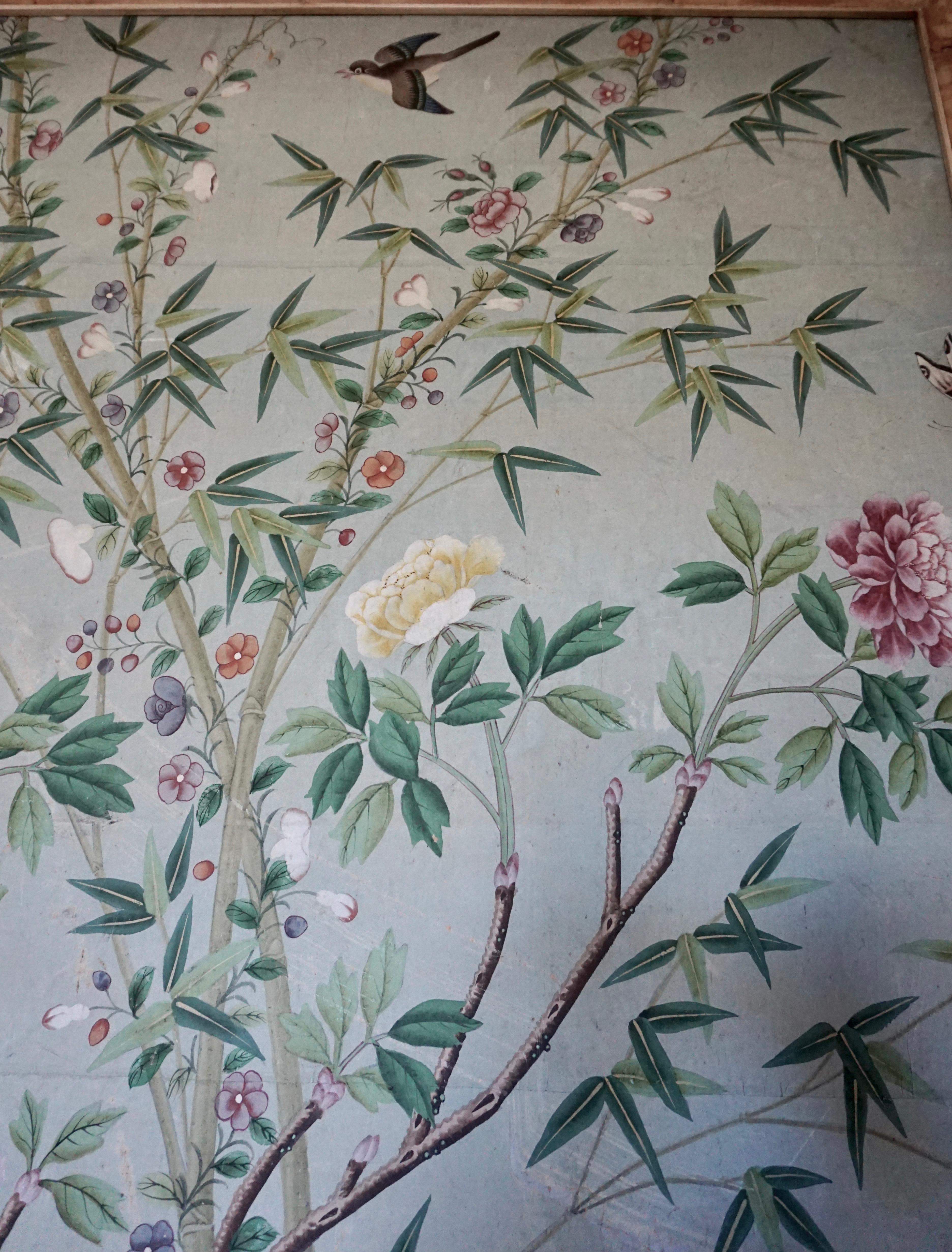 A Spectacular Set of 4 Antique Chinese Export Hand-Painted Wallpaper Panels In Good Condition In San Francisco, CA