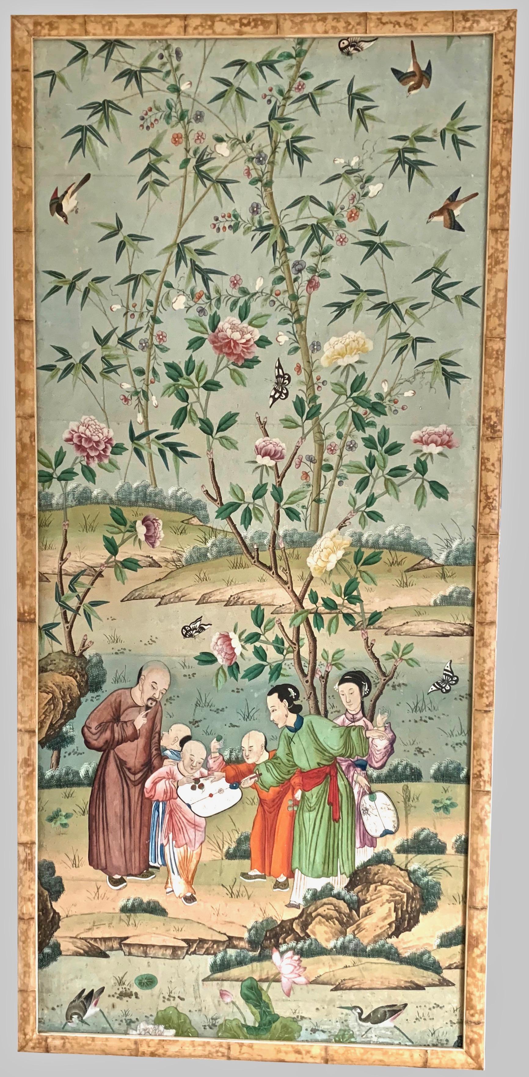 A Spectacular Set of 4 Antique Chinese Export Hand-Painted Wallpaper Panels