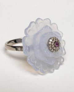 Sterling Silver Chalcedony Flower Ring with Pink Sapphire & Diamonds