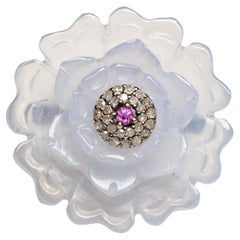 Sterling Silver Chalcedony Flower Ring with Pink Sapphire & Diamonds