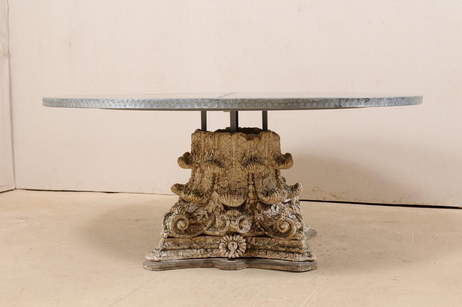Splendid Custom Pedestal Table with Zinc Top and Early 20th Century Capital Base 2