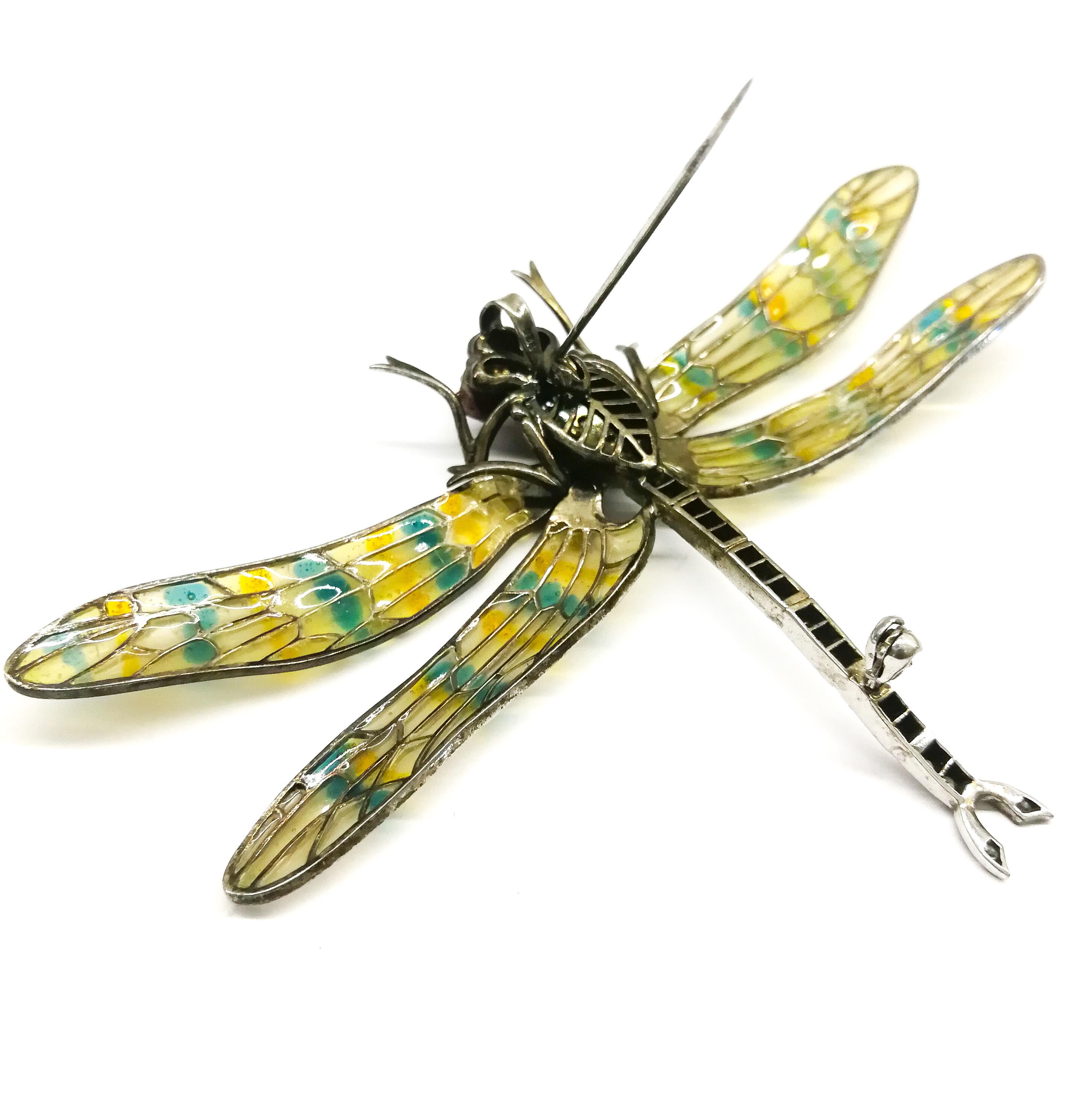 A splendid plique a jour sterling silver and enamel 'dragonfly' brooch, 1970s For Sale 5