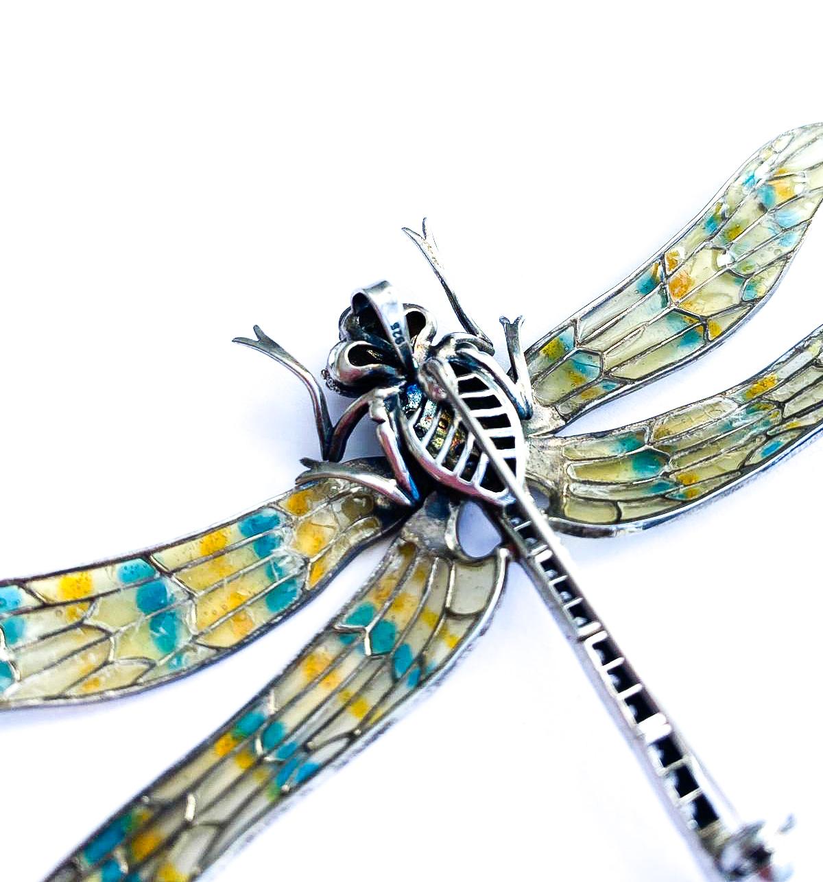 A splendid plique a jour sterling silver and enamel 'dragonfly' brooch, 1970s For Sale 8