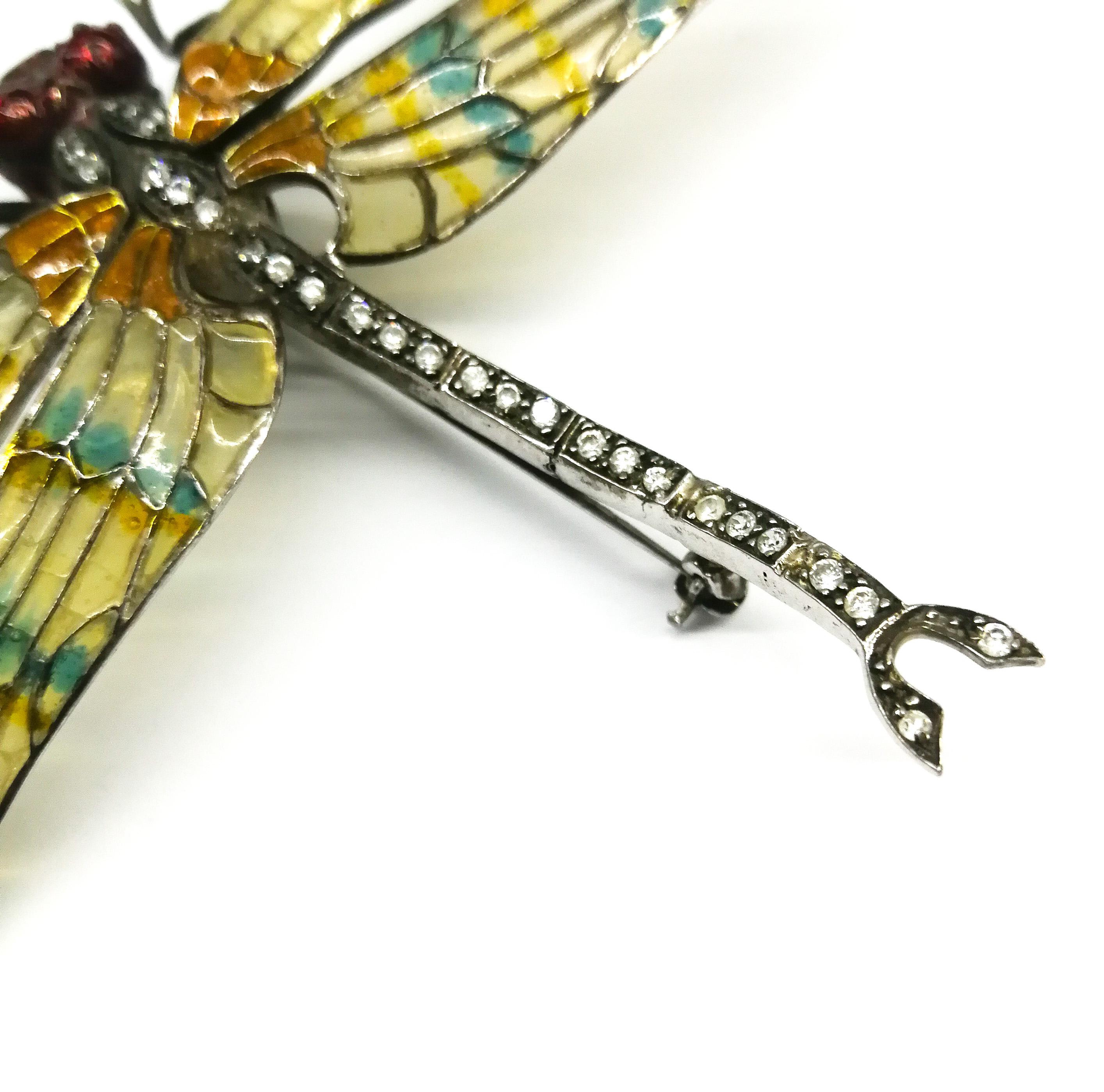 Art Nouveau A splendid plique a jour sterling silver and enamel 'dragonfly' brooch, 1970s For Sale