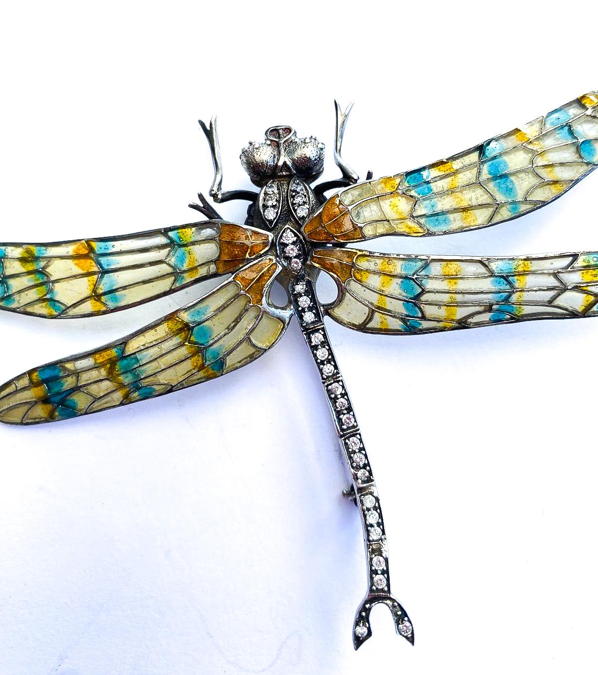 A splendid plique a jour sterling silver and enamel 'dragonfly' brooch, 1970s In Excellent Condition For Sale In Greyabbey, County Down