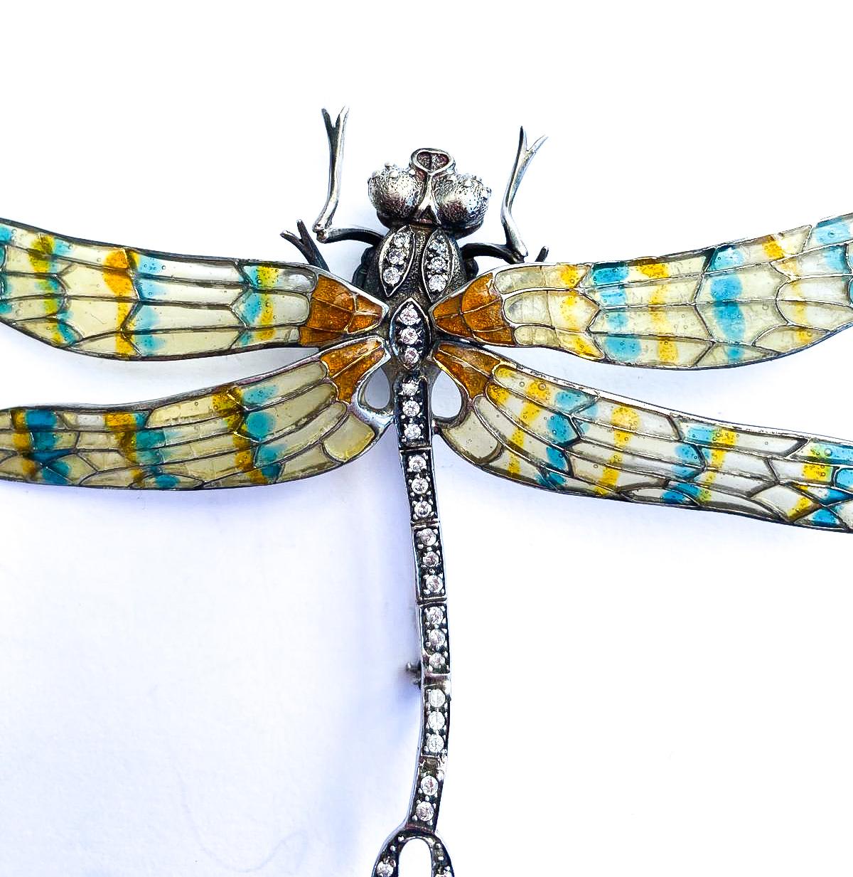 Women's or Men's A splendid plique a jour sterling silver and enamel 'dragonfly' brooch, 1970s For Sale