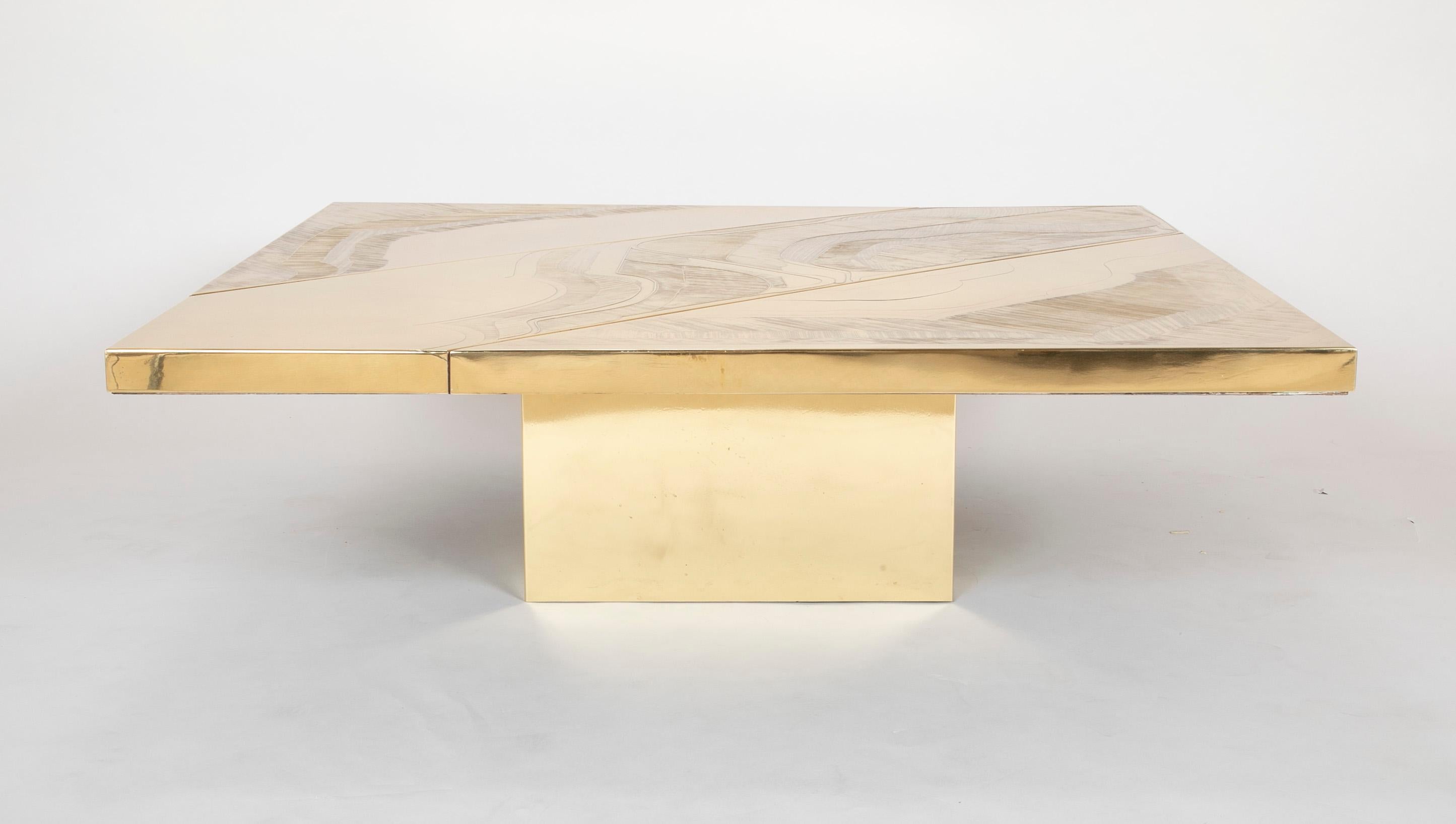 Modern Square Acid Etched Brass Table by Jenalzi For Sale