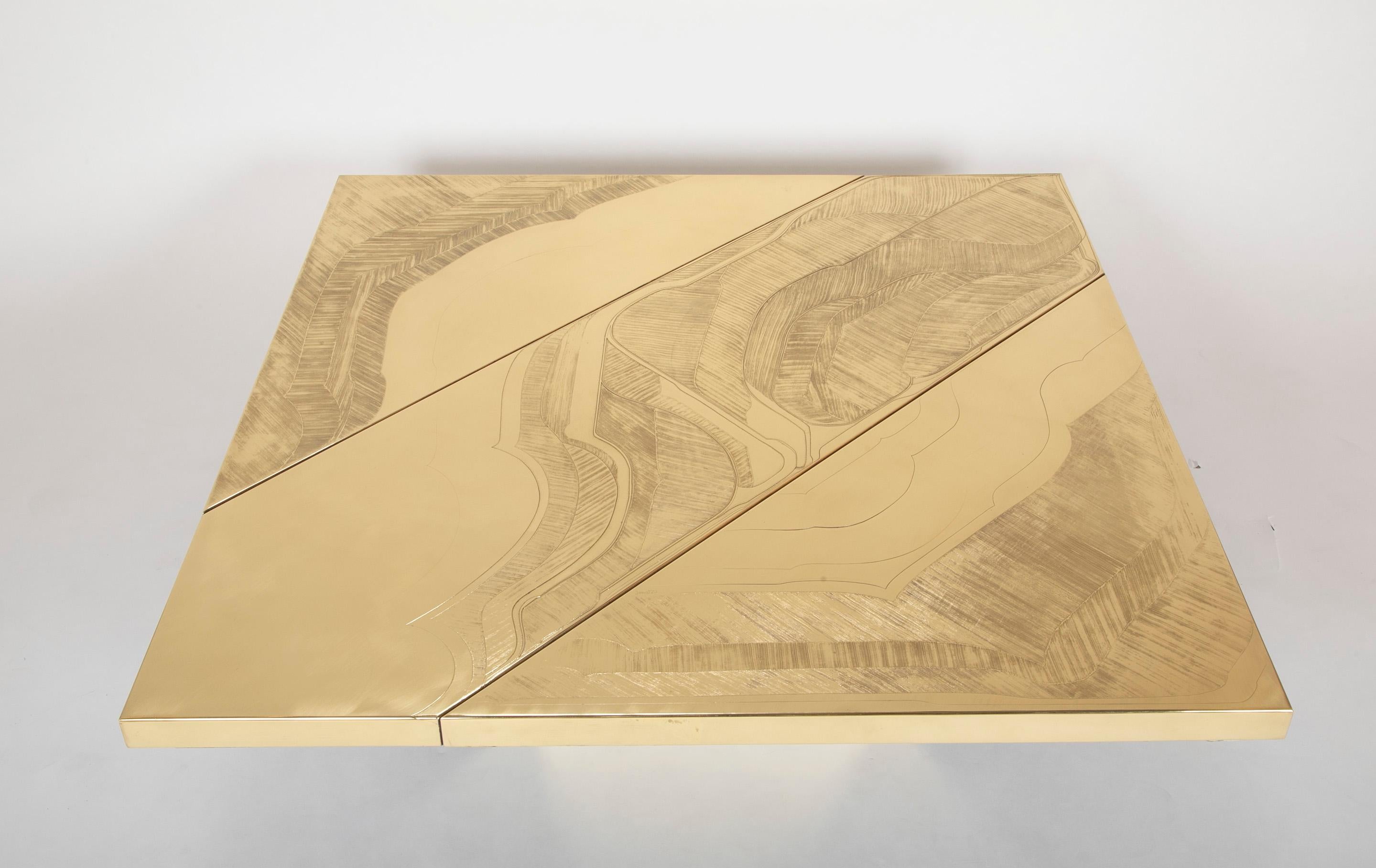Belgian Square Acid Etched Brass Table by Jenalzi For Sale