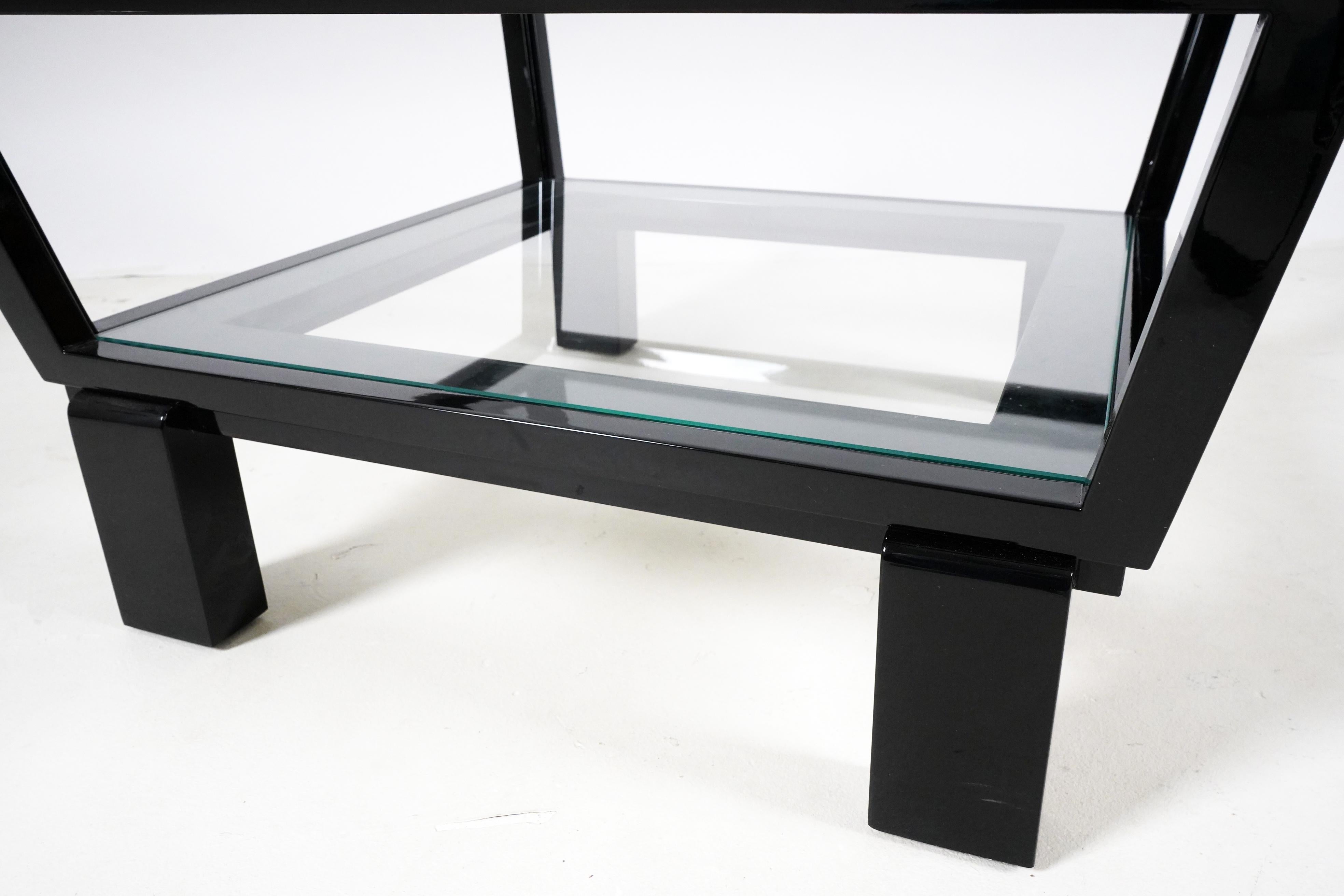Square Coffee Table with Glass Top Black Wood Frame In Good Condition For Sale In Chicago, IL
