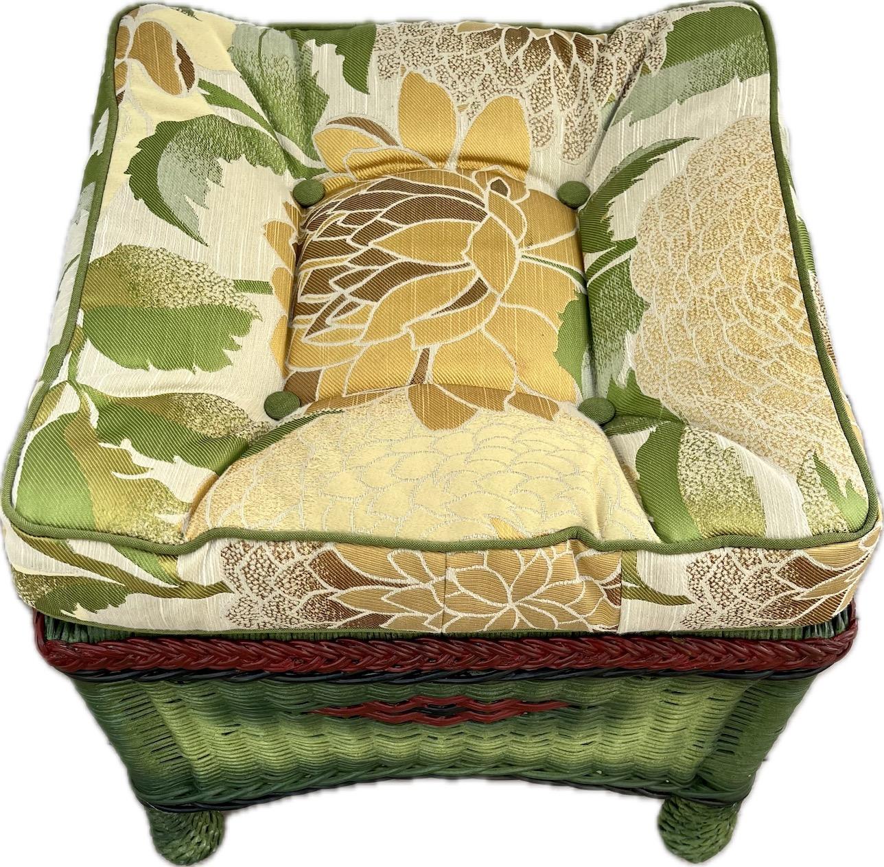 Other A Square Wicker Ottoman in French Green Finish with Colored Accents For Sale