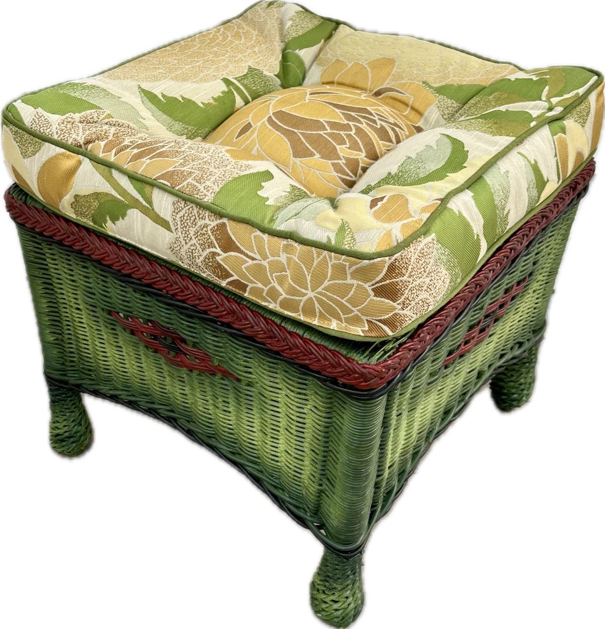 American A Square Wicker Ottoman in French Green Finish with Colored Accents For Sale
