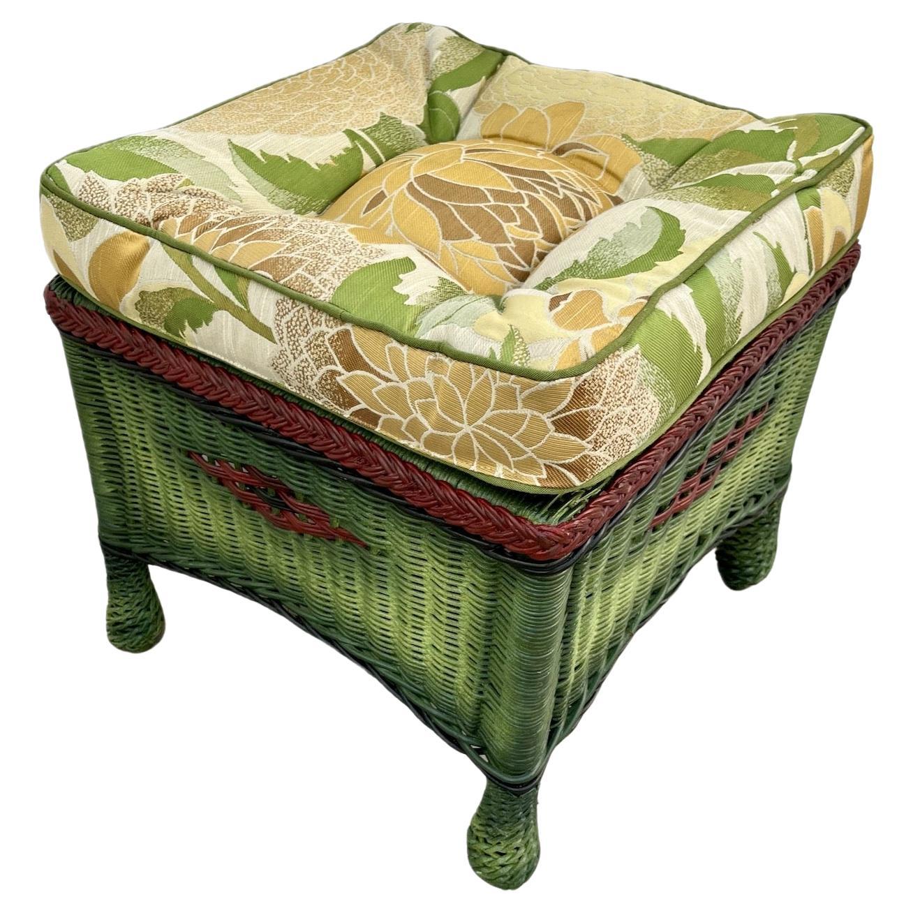 A Square Wicker Ottoman in French Green Finish with Colored Accents For Sale