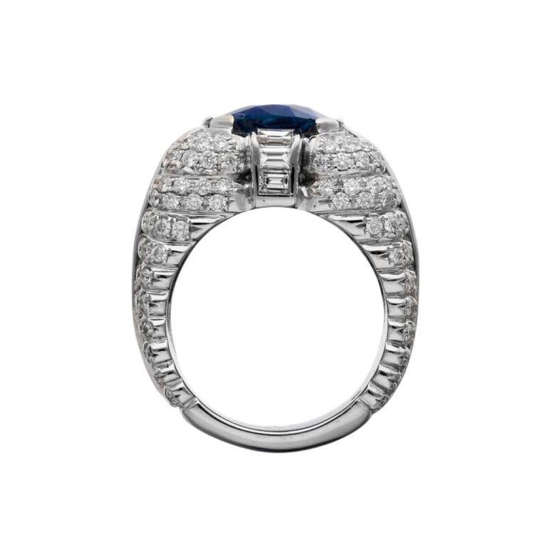 Round Cut SSEF Swiss Certified 6.09 Cts Burmese Sapphire and Diamond Ring  For Sale