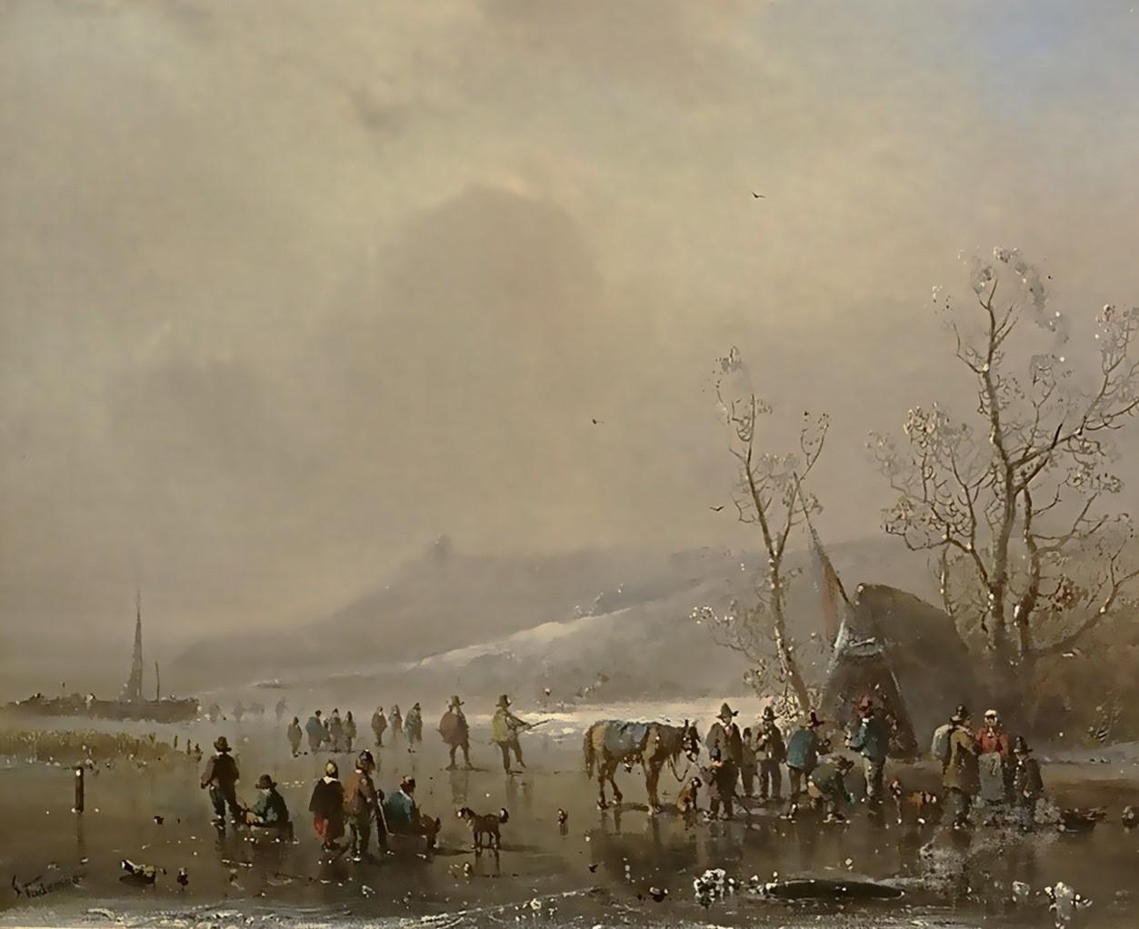 Busy on the ice, A. Stademann, Oil paint/canvas, Romantic For Sale 1