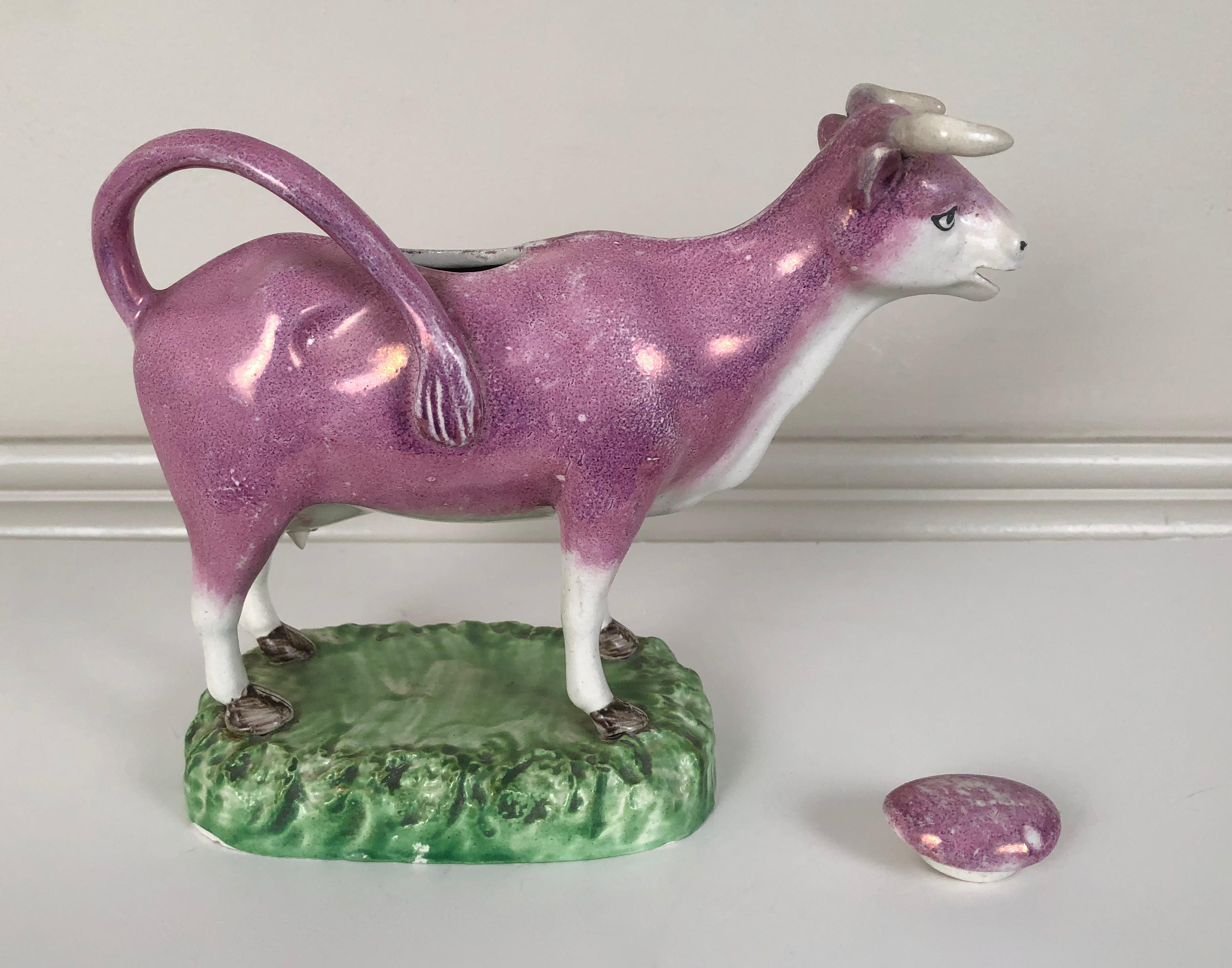 Glazed Staffordshire Pink Lusterware Cow Creamer, English, circa 1820