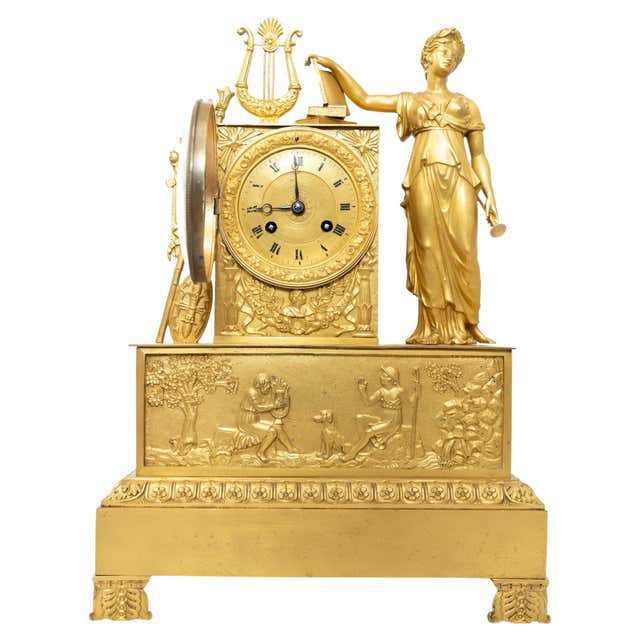 Clock Photo Figure Seated Female Figure in French Fire-Gilt Clock from Empire Era For Sale ...