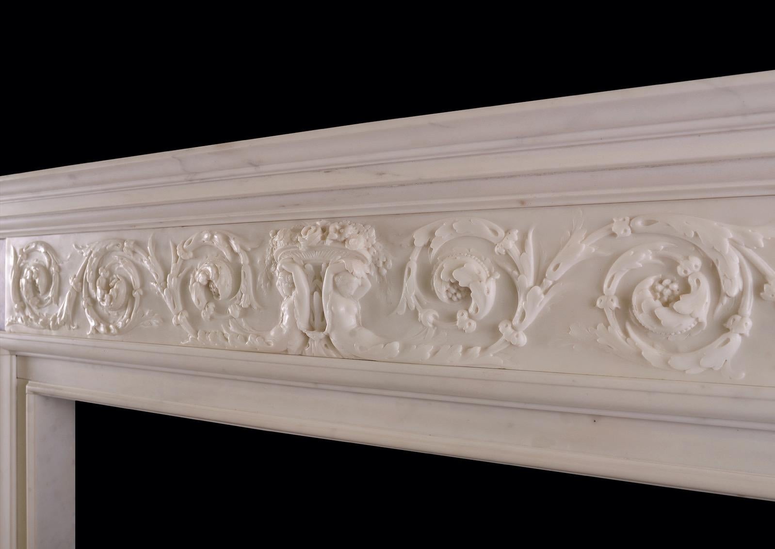 British Statuary Marble Fireplace with Italian Sienna Marble Inlay For Sale