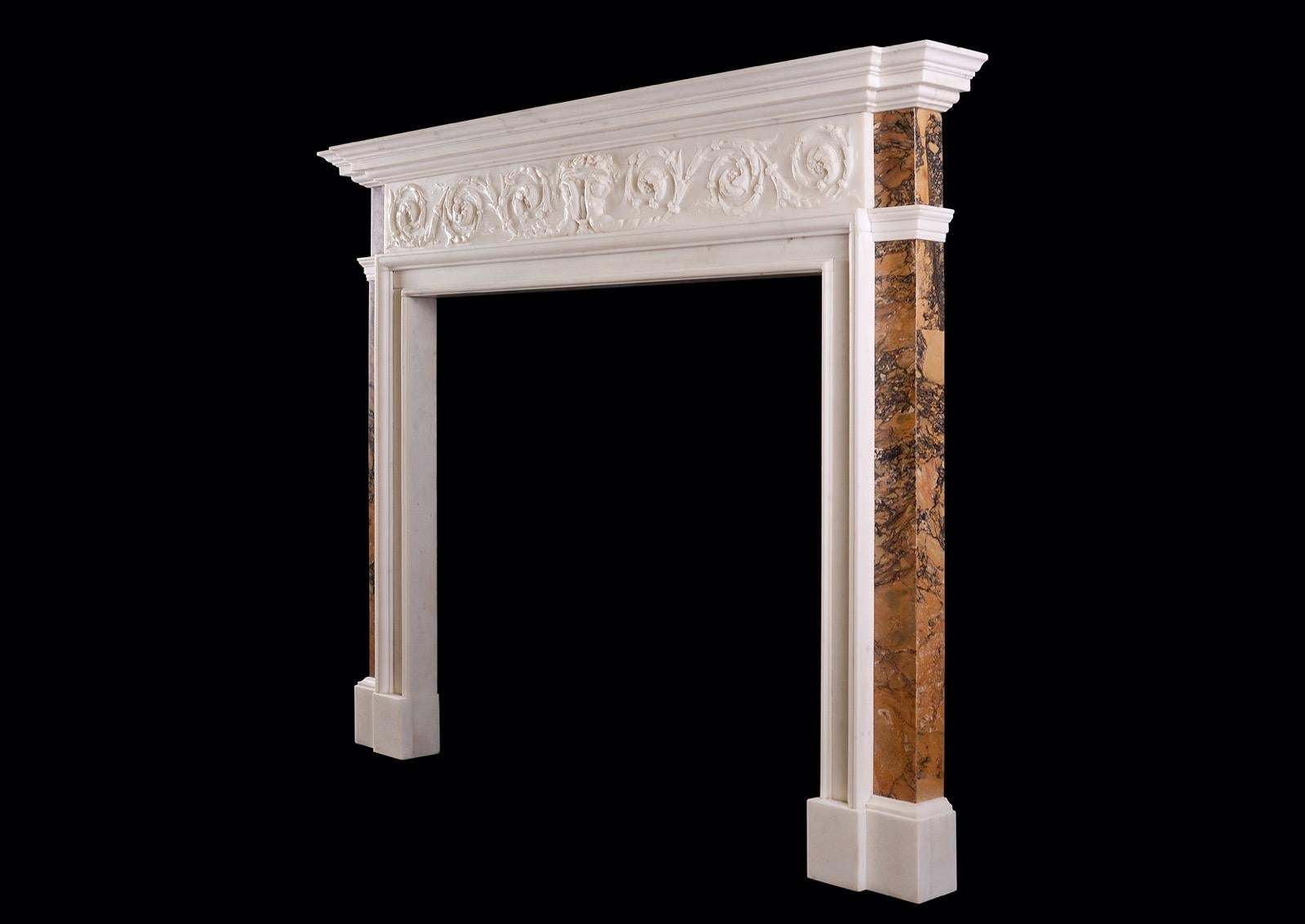 Statuary Marble Fireplace with Italian Sienna Marble Inlay In Good Condition For Sale In London, GB
