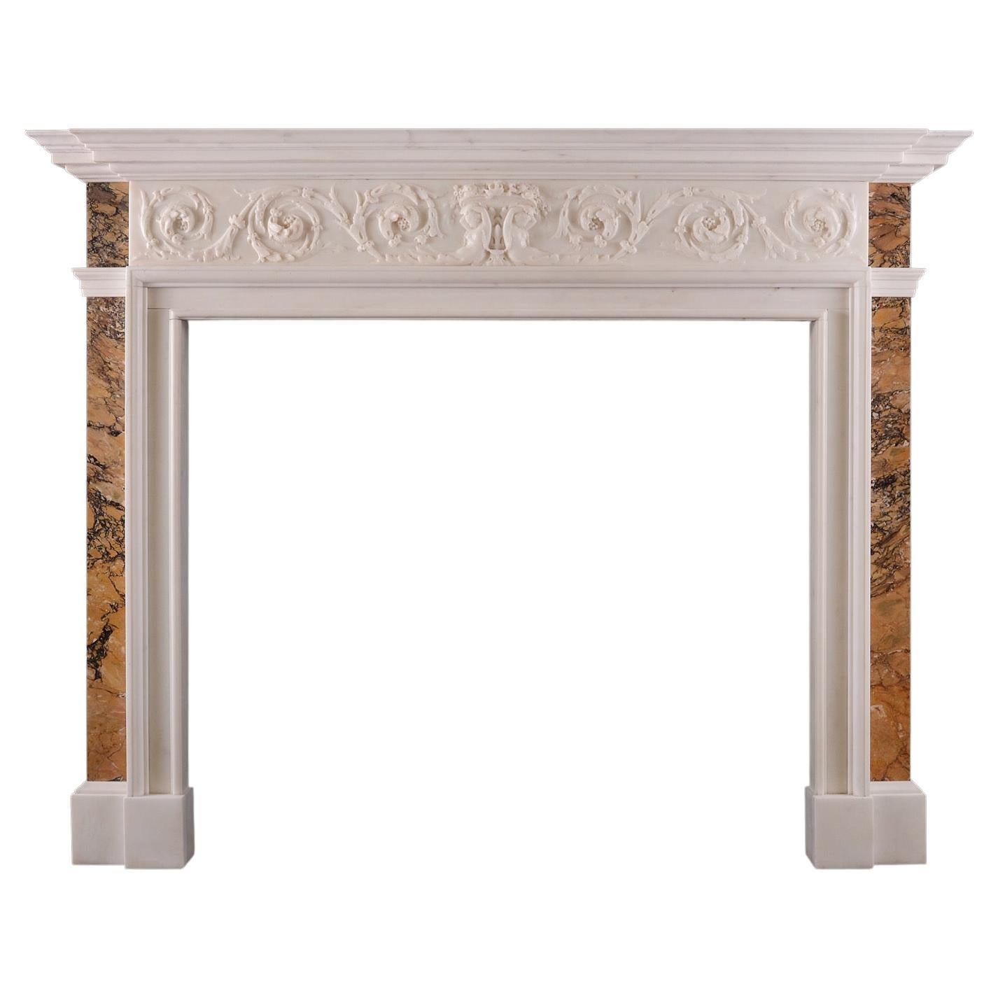 Statuary Marble Fireplace with Italian Sienna Marble Inlay For Sale